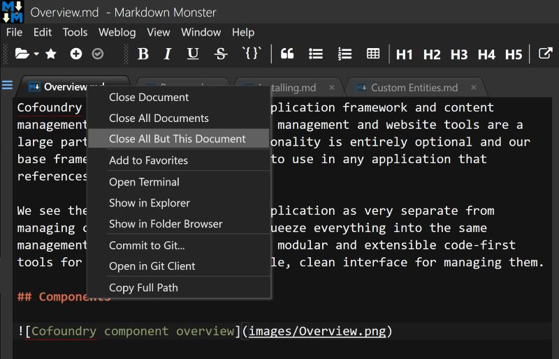 Markdown Monster file tab context menu