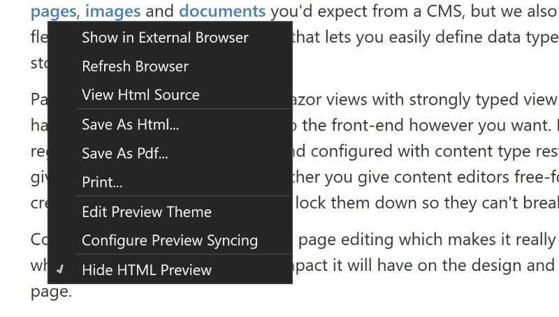 Markdown Monster preview pane conext menu